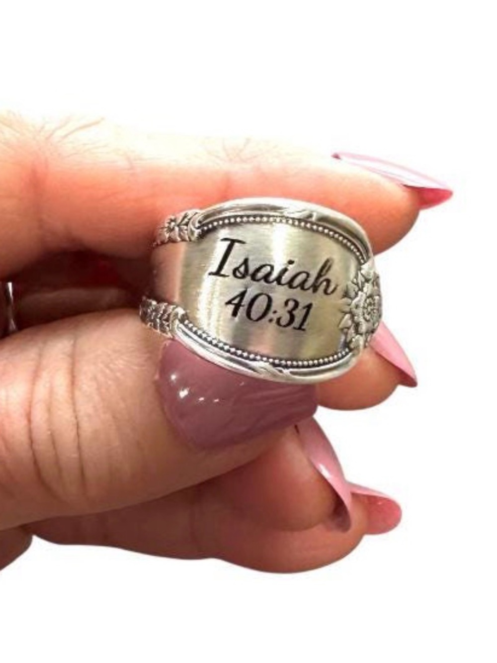 Engraved Psalm 34:18 Silver Spoon Ring with Floral Accents size 6